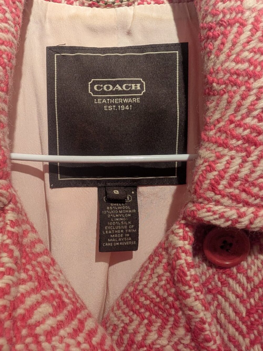 Vintage Coach Pink Wool Mohair Herringbone Pea Coat/Jacket - Size 8 - Picture 2 of 4